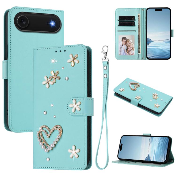 For iPhone Air ZS01 Double-Layer Heart Floral Vegan Leather Phone Case with Wrist Strap(Mint Green)