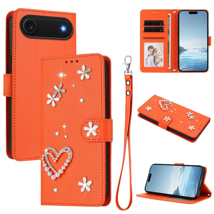 For iPhone Air ZS01 Double-Layer Heart Floral Vegan Leather Phone Case with Wrist Strap(Orange)