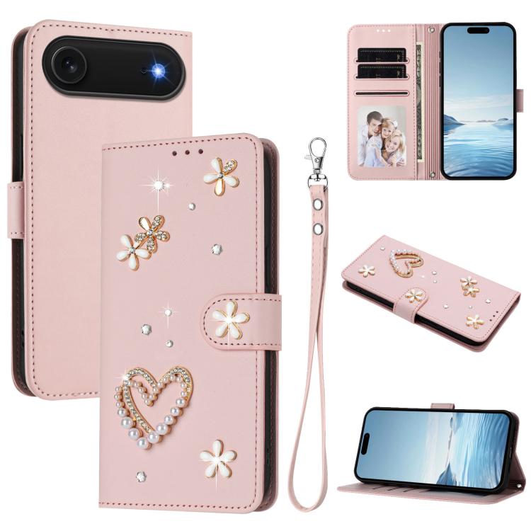 For iPhone Air ZS01 Double-Layer Heart Floral Vegan Leather Phone Case with Wrist Strap(Pink)