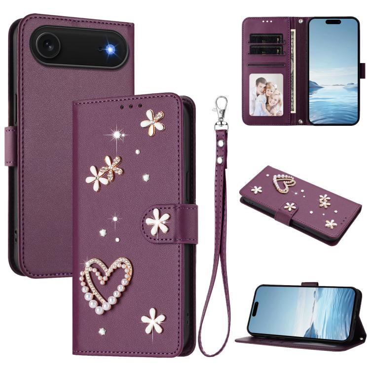 For iPhone Air ZS01 Double-Layer Heart Floral Vegan Leather Phone Case with Wrist Strap(Violet)