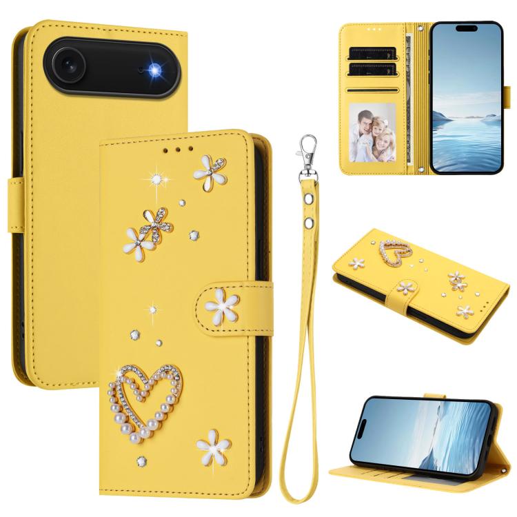 For iPhone Air ZS01 Double-Layer Heart Floral Vegan Leather Phone Case with Wrist Strap(Yellow)