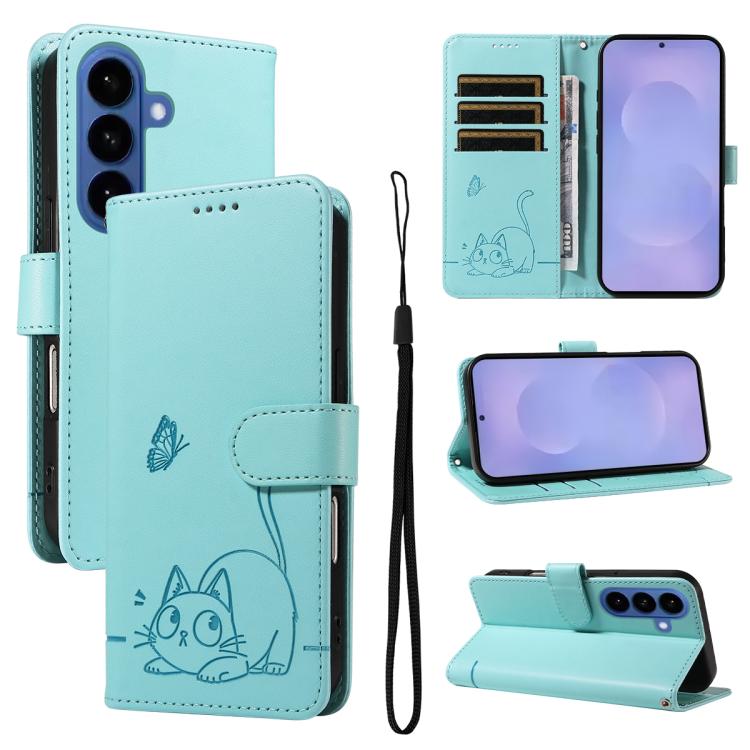 For Samsung Galaxy S26 5G Adorable Cat Embossed Pattern Flip Leather Phone Case(Green)