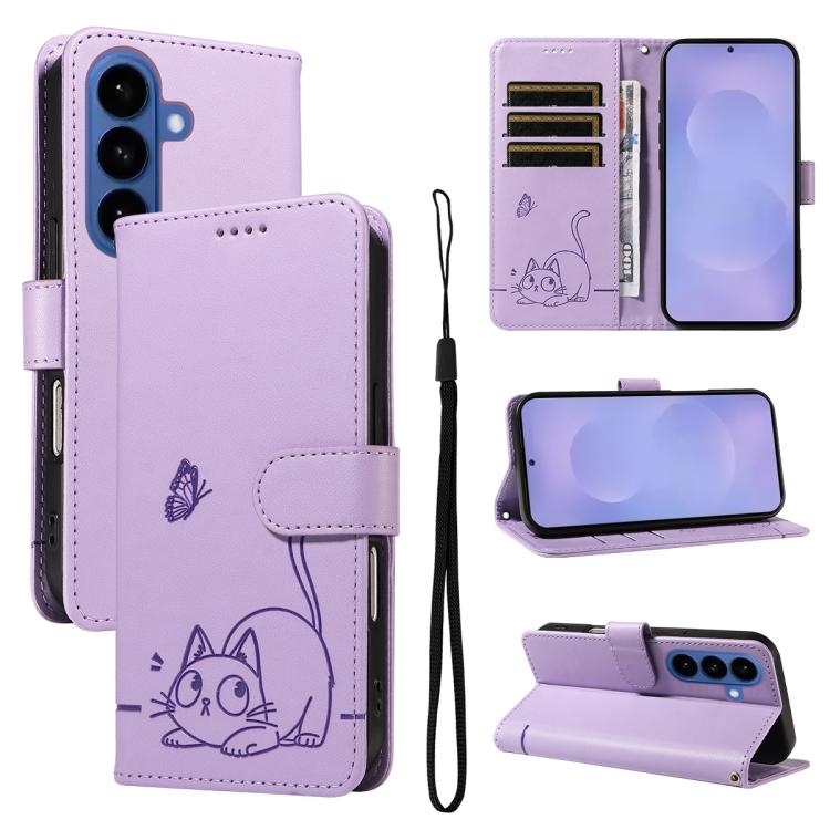 For Samsung Galaxy S26 5G Adorable Cat Embossed Pattern Flip Leather Phone Case(Purple)