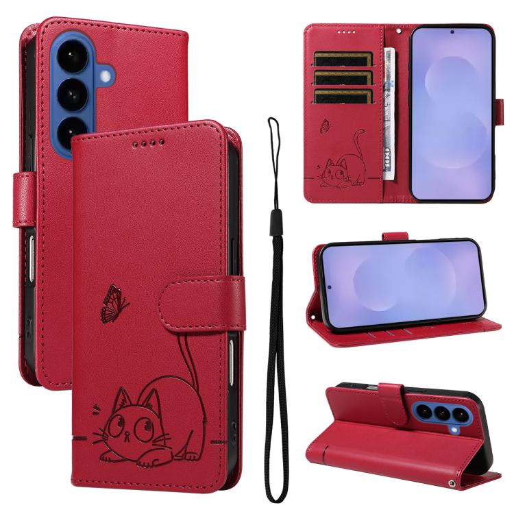 For Samsung Galaxy S26 5G Adorable Cat Embossed Pattern Flip Leather Phone Case(Red)