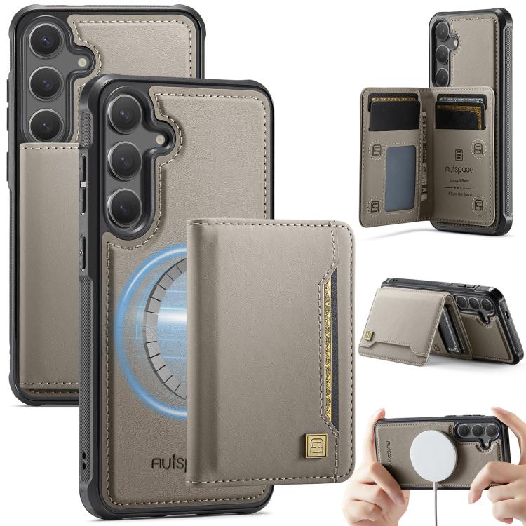 For Samsung Galaxy S26 5G AutSpace A13 MagSafe Magnetic RFID Flip Card Bag Phone Case(Grey)