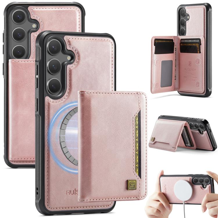For Samsung Galaxy S26 5G AutSpace A13 MagSafe Magnetic RFID Flip Card Bag Phone Case(Rose Gold)