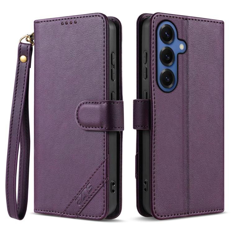 For Samsung Galaxy S26 5G AZNS A2 Series Tri-Card Wallet RFID Vegan Leather Phone Case with Strap(Purple)