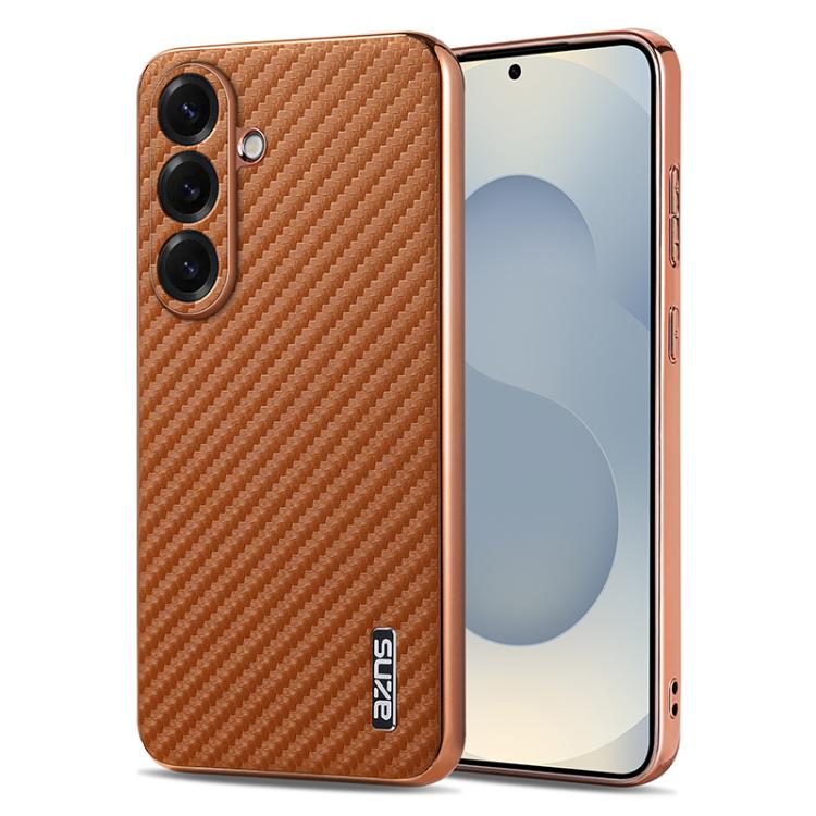For Samsung Galaxy S26 5G AZNS Electroplated Edge Carbon Fiber Texture Phone Case(Brown)