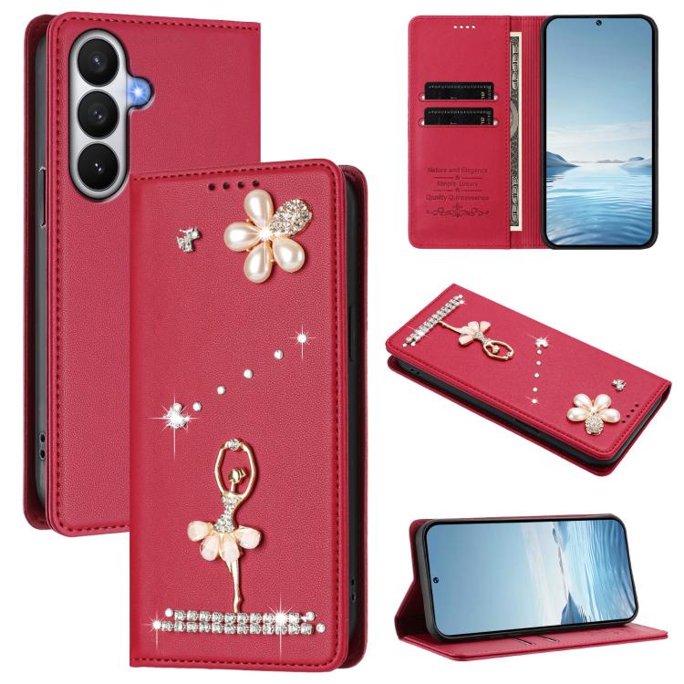 For Samsung Galaxy S26 5G Ballet Girl Diamond Studded RFID Vegan Leather Phone Case(Wine Red)