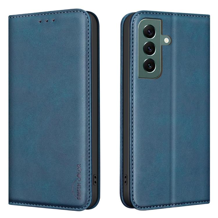 For Samsung Galaxy S26 5G BINFEN COLOR Calfskin Texture Magnetic RFID Vegan Leather Phone Case(Blue)