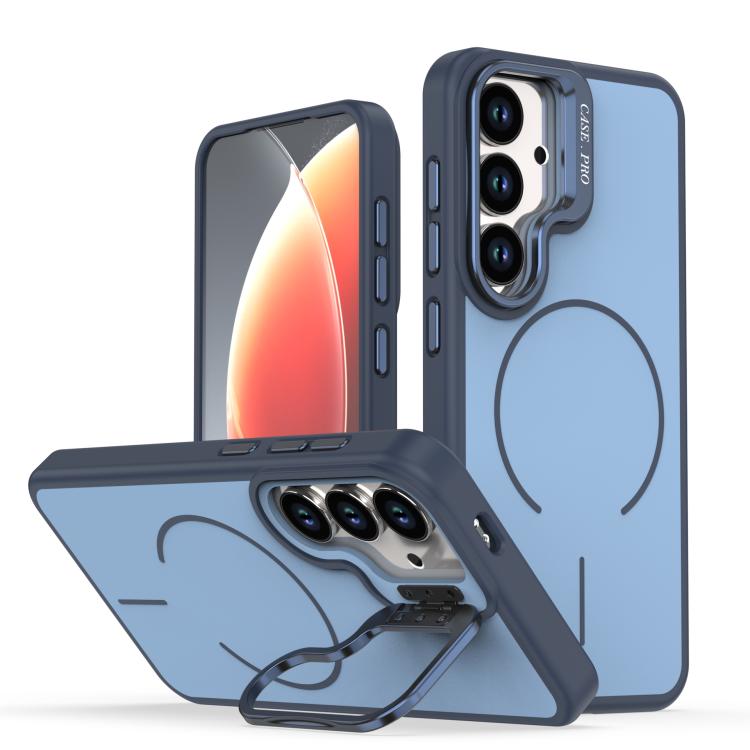 For Samsung Galaxy S26 5G Bright Color Contrast Skin-feel Camera Bracket Magsafe Phone Case(Blue)