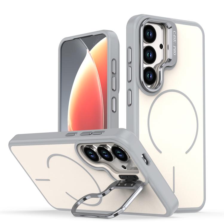 For Samsung Galaxy S26 5G Bright Color Contrast Skin-feel Camera Bracket Magsafe Phone Case(Grey)