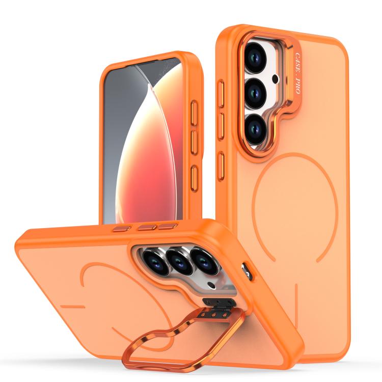 For Samsung Galaxy S26 5G Bright Color Contrast Skin-feel Camera Bracket Magsafe Phone Case(Orange)