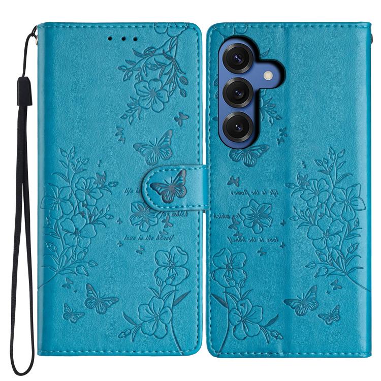 For Samsung Galaxy S26 5G Butterflies and Flowers Leather Phone Case(Blue)