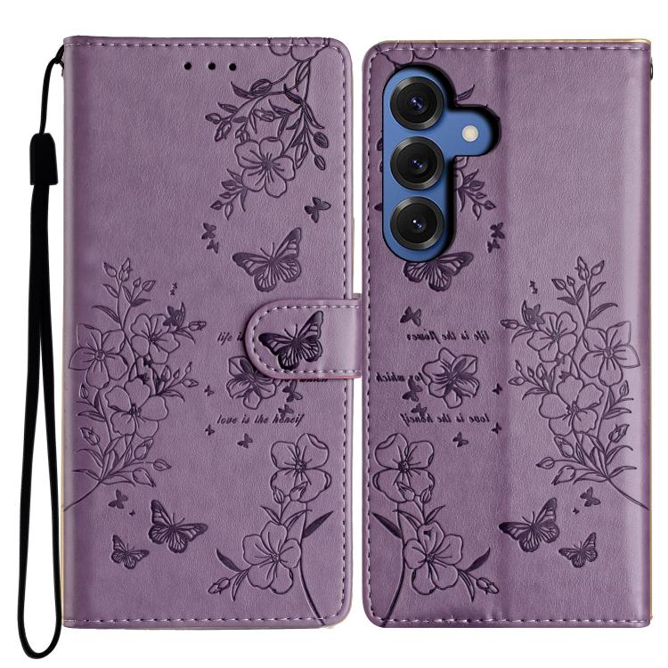 For Samsung Galaxy S26 5G Butterflies and Flowers Leather Phone Case(Purple)