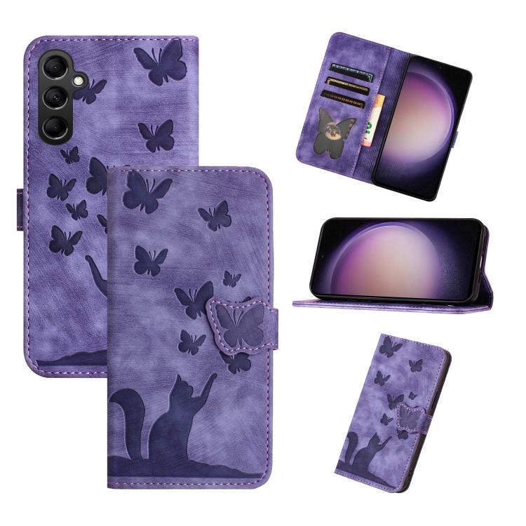 For Samsung Galaxy S26 5G Butterfly Cat Embossing Flip Leather Phone Case(Purple)