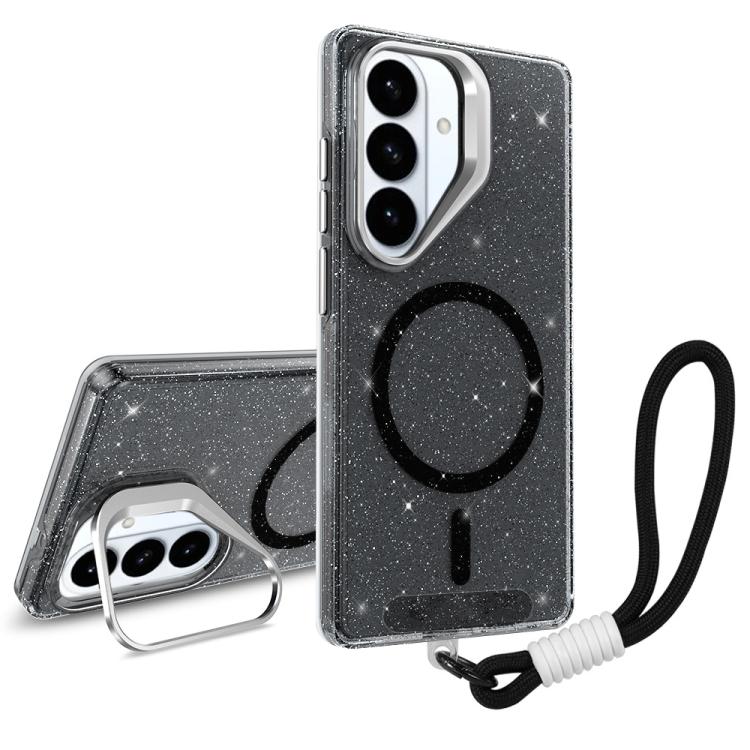 For Samsung Galaxy S26 5G Camera Bracket Glitter Magnetic Phone Case with Lanyard(Black)