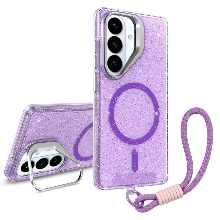 For Samsung Galaxy S26 5G Camera Bracket Glitter Magnetic Phone Case with Lanyard(Purple)