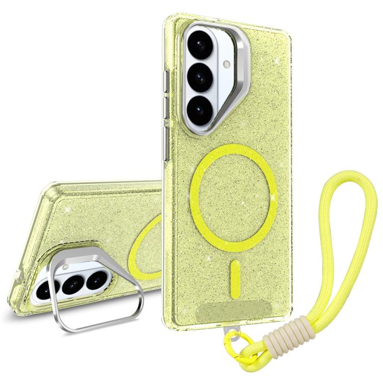 For Samsung Galaxy S26 5G Camera Bracket Glitter Magnetic Phone Case with Lanyard(Yellow)