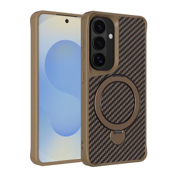 For Samsung Galaxy S26 5G Carbon Fiber Texture 360 MagSafe Holder Phone Case(Desert Gold)