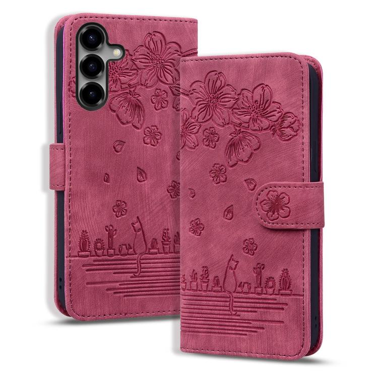 For Samsung Galaxy S26 5G Cartoon Sakura Cat Embossed Leather Phone Case(Wine Red)