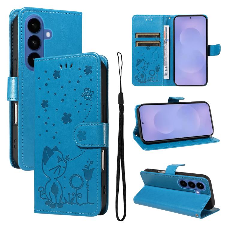 For Samsung Galaxy S26 5G Cat and Bee Embossed Flip Leather Phone Case(Blue)