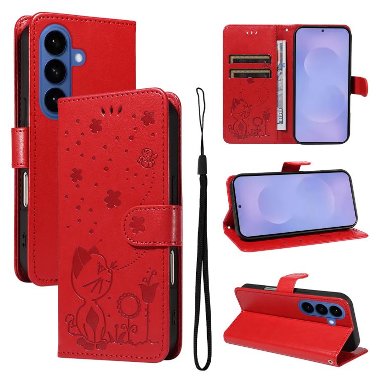 For Samsung Galaxy S26 5G Cat and Bee Embossed Flip Leather Phone Case(Red)