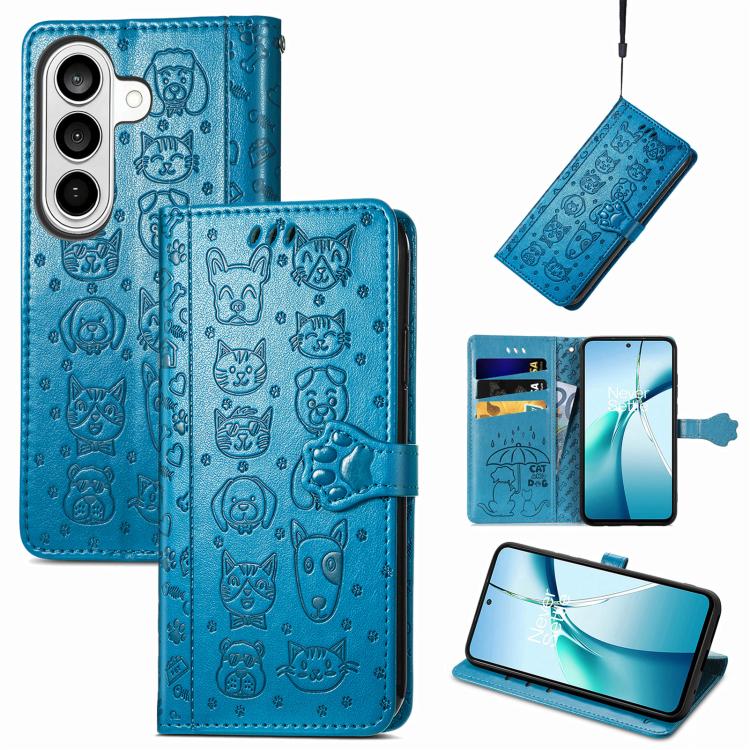 For Samsung Galaxy S26 5G Cat and Dog Embossed Leather Phone Case(Blue)