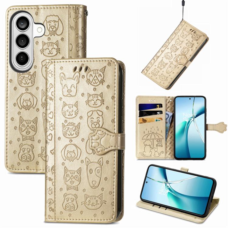 For Samsung Galaxy S26 5G Cat and Dog Embossed Leather Phone Case(Gold)