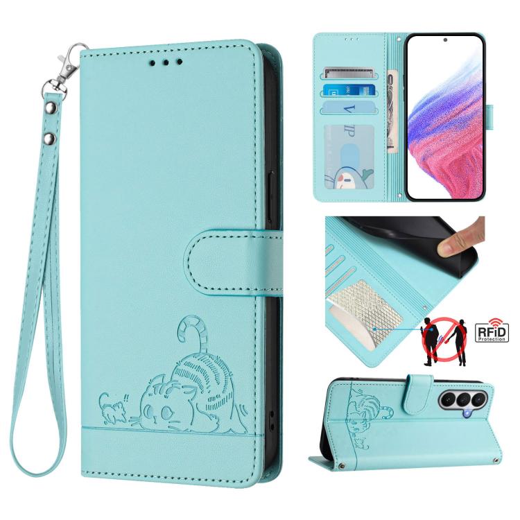 For Samsung Galaxy S26 5G Cat Rat Embossed Pattern RFID Leather Phone Case with Lanyard(Mint Green)