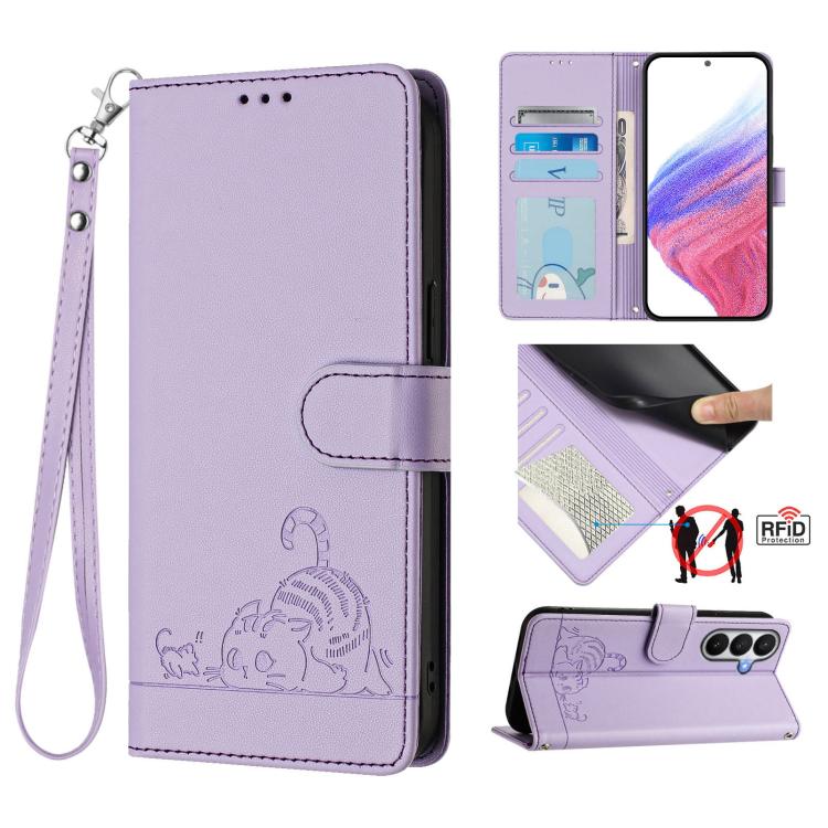 For Samsung Galaxy S26 5G Cat Rat Embossed Pattern RFID Leather Phone Case with Lanyard(Purple)