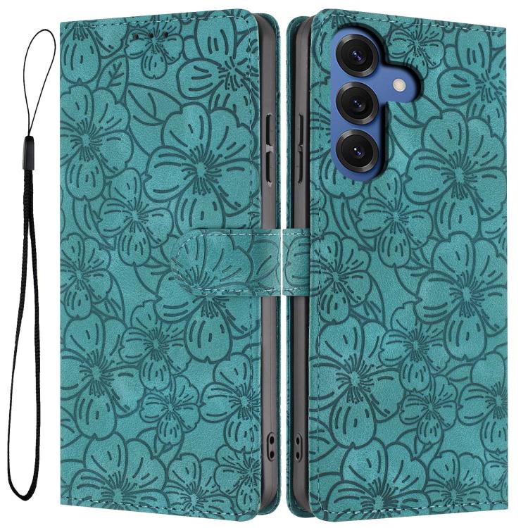 For Samsung Galaxy S26 5G Cherry Blossoms Embossed Leather Phone Case(Green)