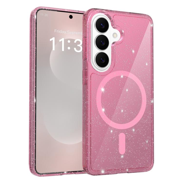 For Samsung Galaxy S26 5G Clear Glitter Magnetic PC Hybrid TPU Phone Case(Pink)