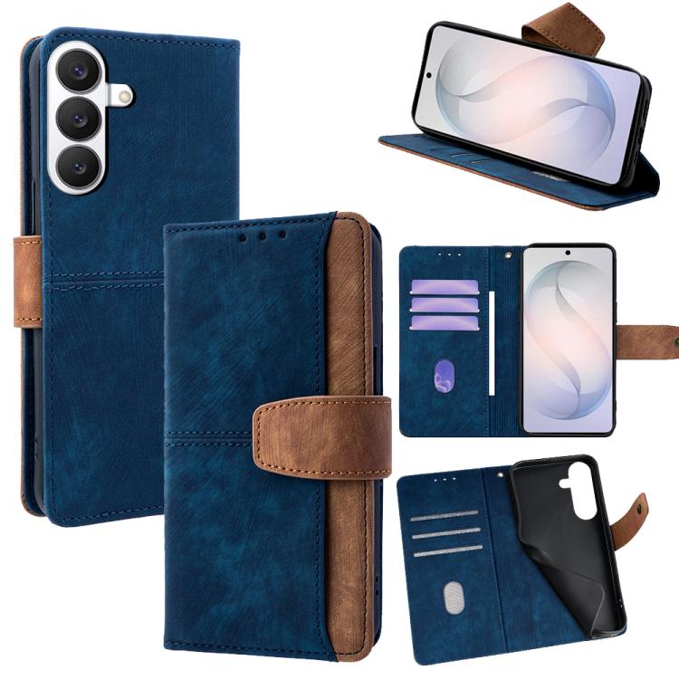 For Samsung Galaxy S26 5G Color Stitching Skin Feel Leather RFID Blocking Phone Case(Blue)