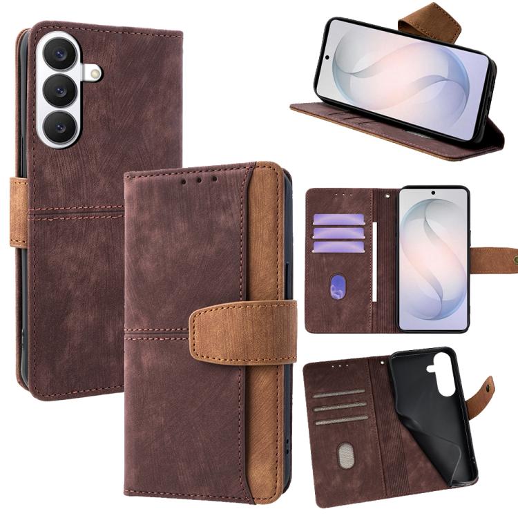 For Samsung Galaxy S26 5G Color Stitching Skin Feel Leather RFID Blocking Phone Case(Brown)
