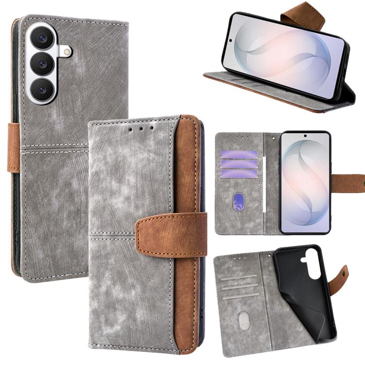 For Samsung Galaxy S26 5G Color Stitching Skin Feel Leather RFID Blocking Phone Case(Grey)