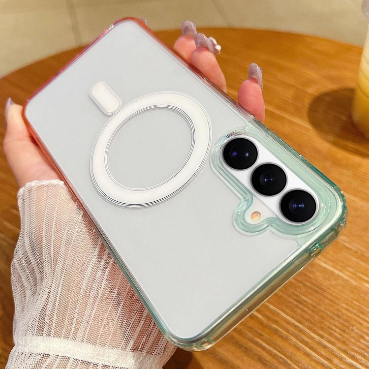 For Samsung Galaxy S26 5G Contrast Color Gradient Transparent MagSafe Phone Case(Blue Green + Pink)