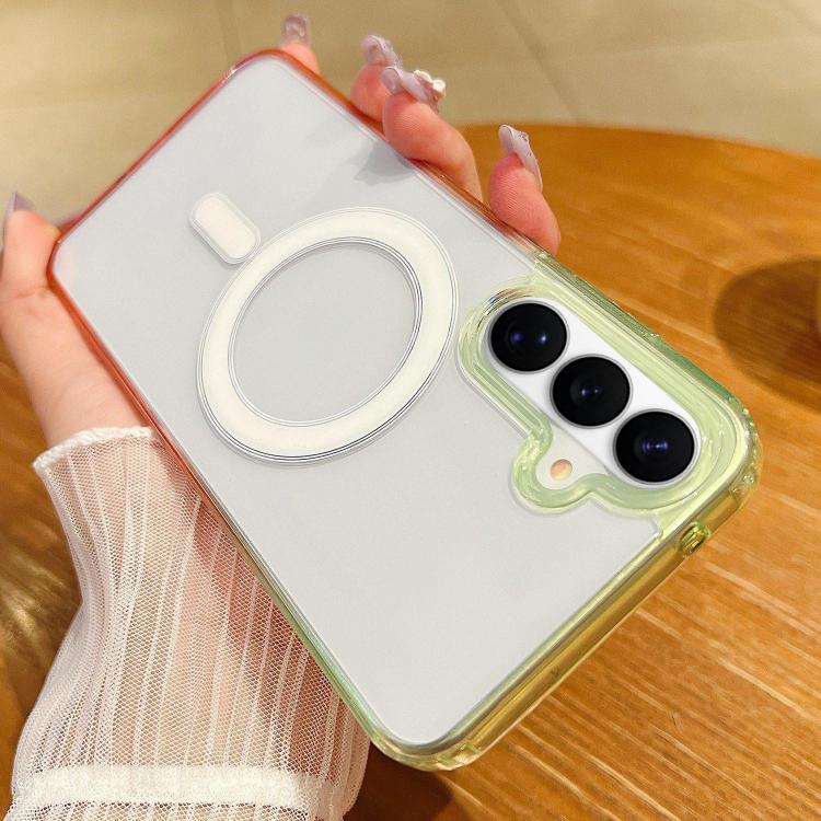 For Samsung Galaxy S26 5G Contrast Color Gradient Transparent MagSafe Phone Case(Fluorescent Green + Light Pink)