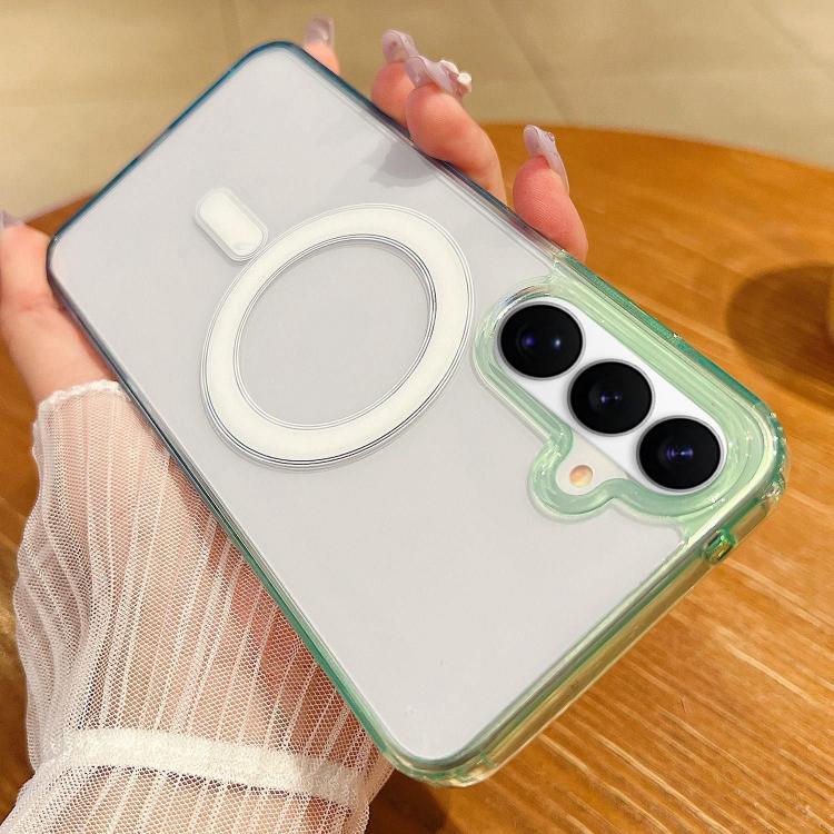 For Samsung Galaxy S26 5G Contrast Color Gradient Transparent MagSafe Phone Case(Green + Blue)