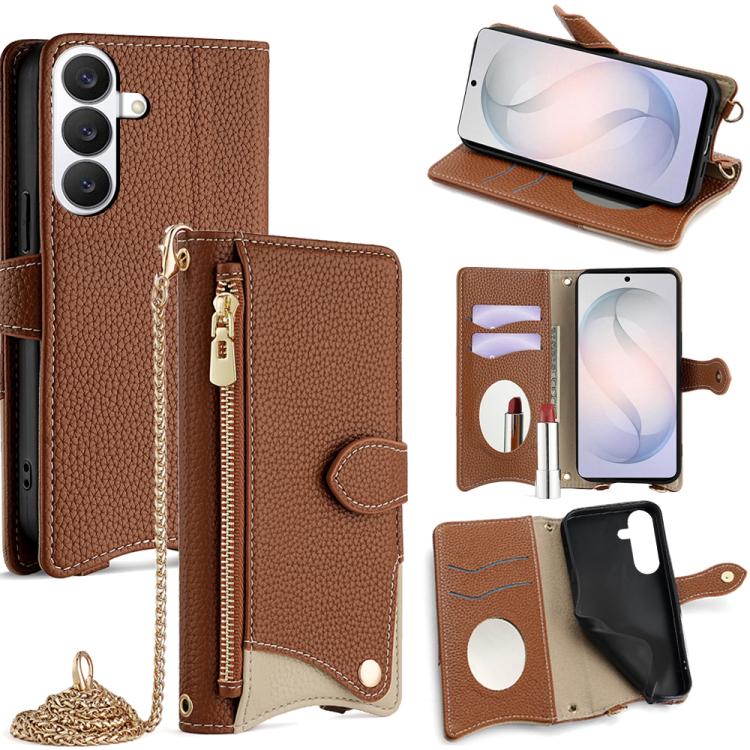 For Samsung Galaxy S26 5G Crossbody Chain Fishtail Litchi Leather Phone Case(Brown)