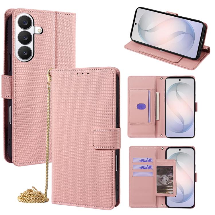 For Samsung Galaxy S26 5G Crossbody Chain Triangle Leather Phone Case(Pink)