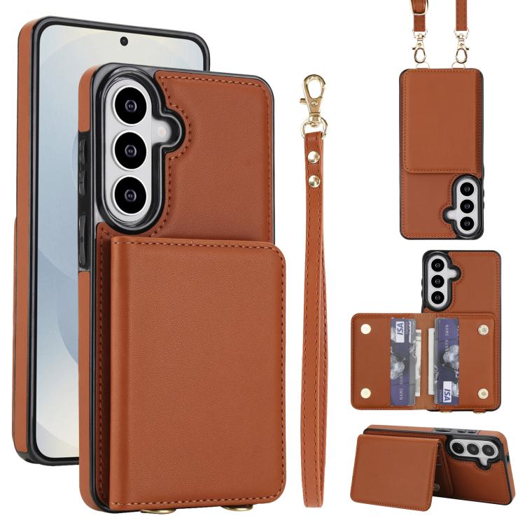 For Samsung Galaxy S26 5G Crossbody Dual-buckle Wallet RFID Back Leather Phone Case(Brown)
