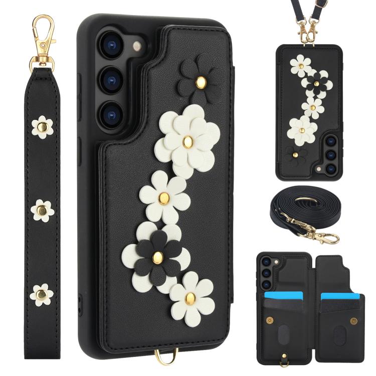 For Samsung Galaxy S26 5G Crossbody Flower Pattern Leather Phone Case(Black)