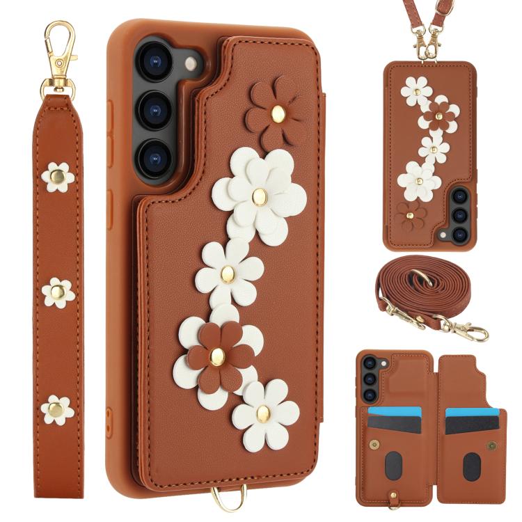 For Samsung Galaxy S26 5G Crossbody Flower Pattern Leather Phone Case(Brown)
