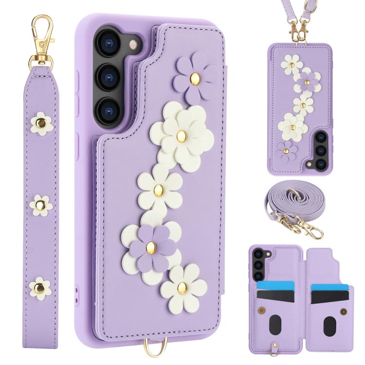 For Samsung Galaxy S26 5G Crossbody Flower Pattern Leather Phone Case(Purple)