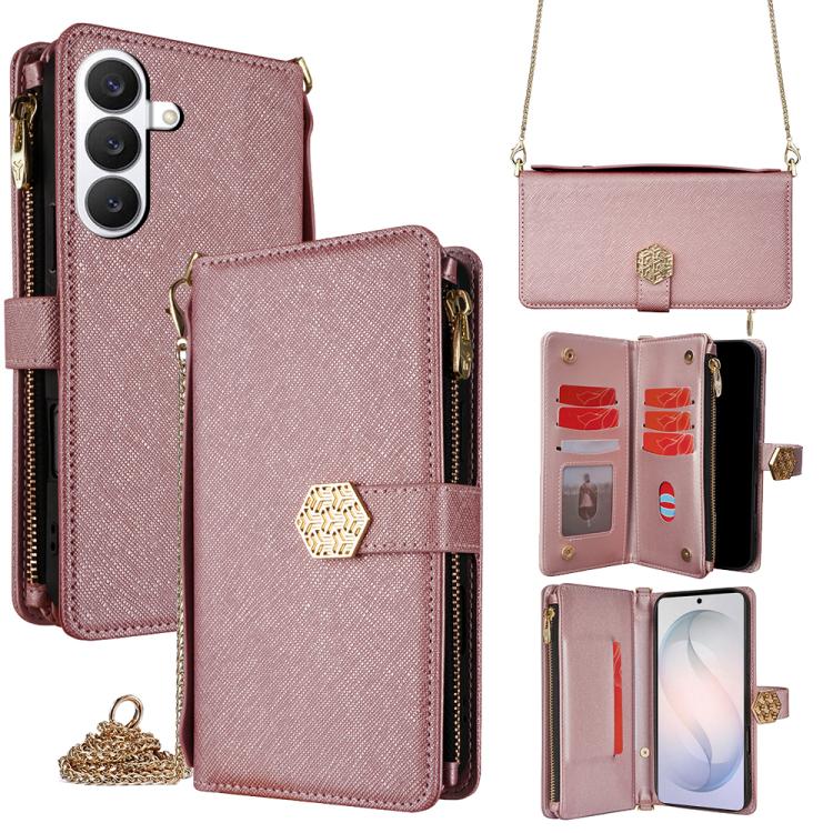 For Samsung Galaxy S26 5G Crossbody Handle Cross Texture Leather Phone Case(Rose Gold)