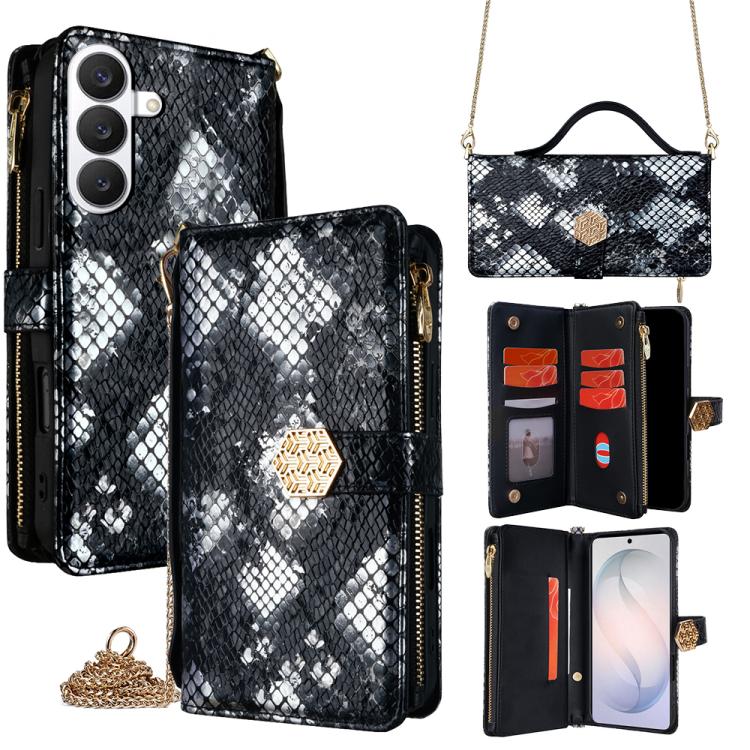 For Samsung Galaxy S26 5G Crossbody Handle Snake Texture Leather Phone Case(Black)