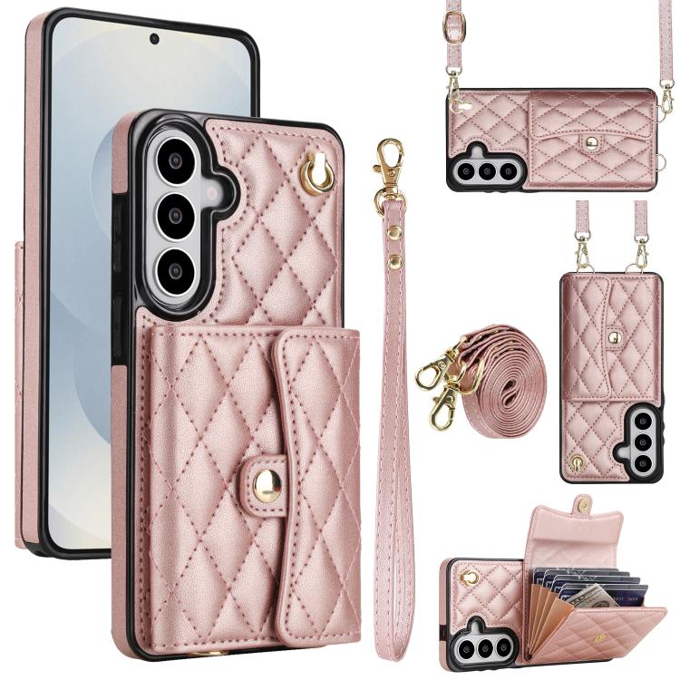 For Samsung Galaxy S26 5G Crossbody Rhombic Horizontal Wallet Leather Phone Case(Rose Gold)