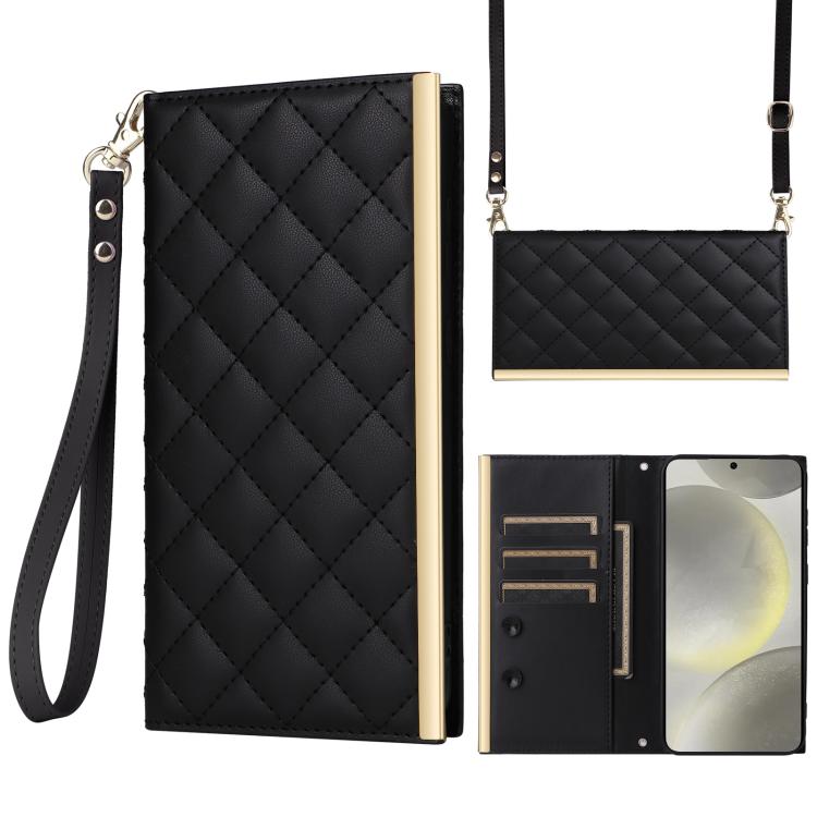 For Samsung Galaxy S26 5G Crossbody Rhombic Sucker Leather Phone Case(Black)