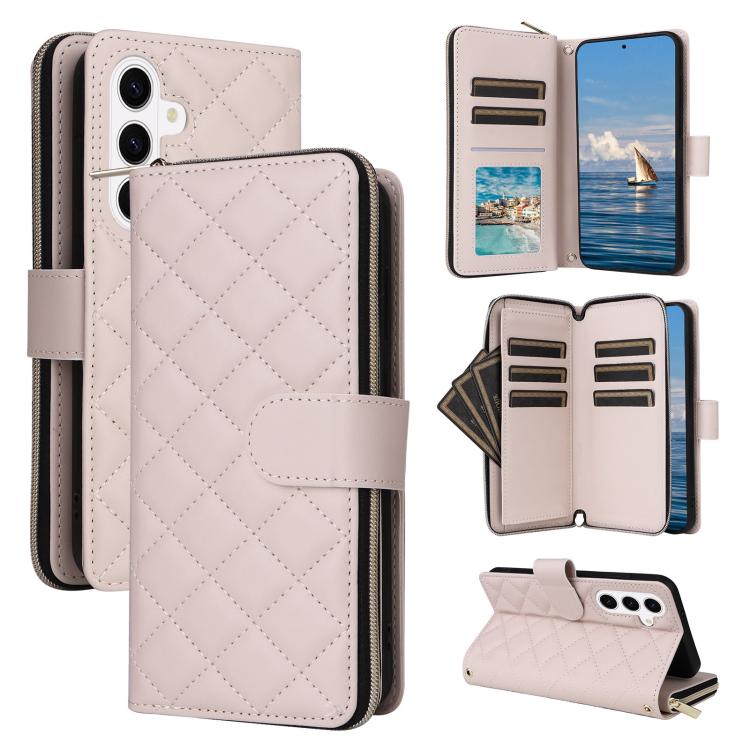 For Samsung Galaxy S26 5G Crossbody Rhombic Zipper Tower Buckle Leather Phone Case with Lanyard(Beige)